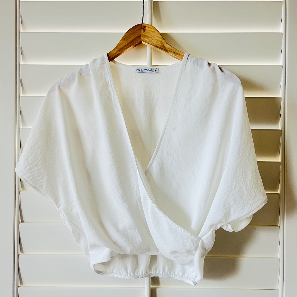 Zara White Wrap Crop Top with Dolman Sleeves